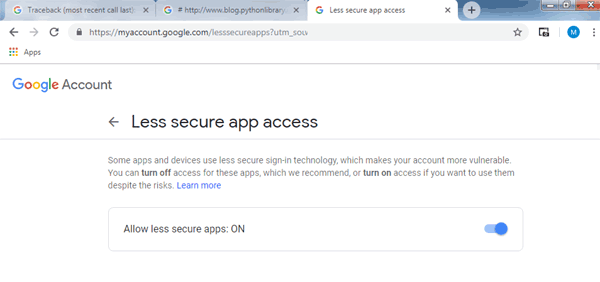 Allow Less Secure Apps for SMTP Server