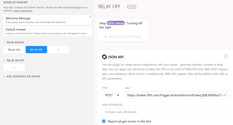 Chatfuel with IFTTT for RELAY OFF Block