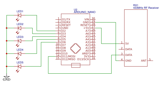 Circuit Connections for RF receiver using Arduino Nano
