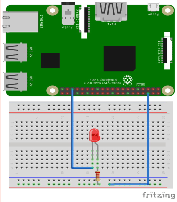 Circuit Diagram for Controlling LED Using Particle IO Cloud Console and Raspberry Pi