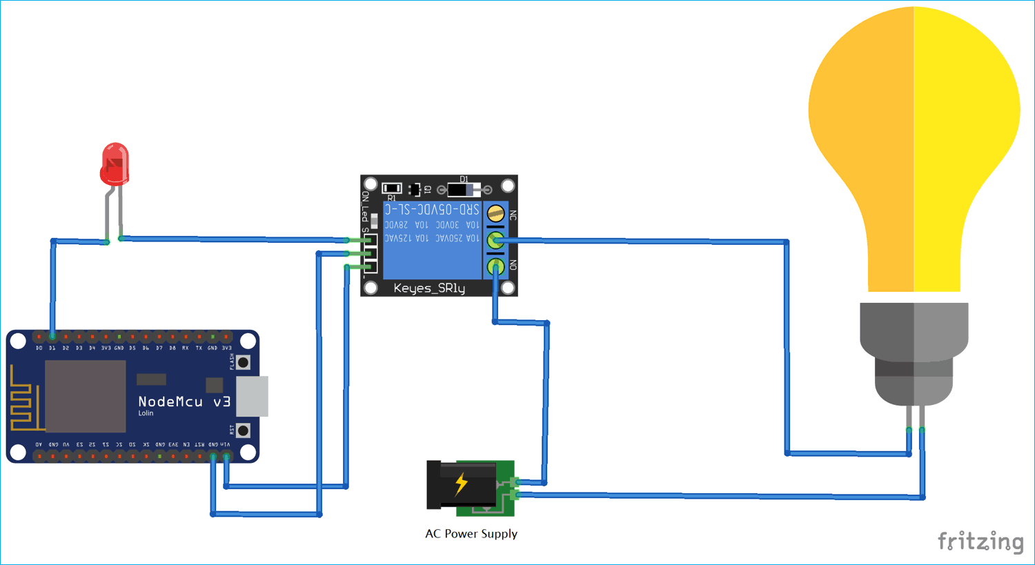 Circuit Diagram for Facebook Controlled Home Automation using ESP8266 NodeMCU