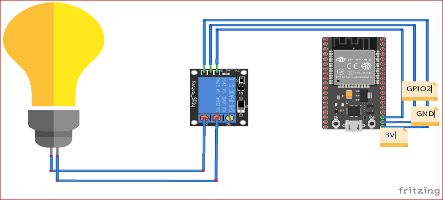 Circuit Diagram for Google Assistant Controlled Home Appliances using ESP32 and Adafruit IO