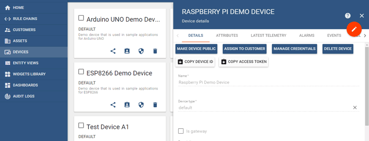 Copy Access token from ThingsBoard for Controlling LED using Thingsboard and Raspberry Pi