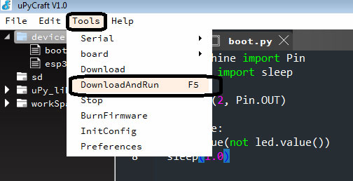  Download and Run Code for LED Blinking using uPyCraft on ESP32