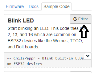  Edit Sample Code for Controlling LED using ChiliPeppr Web IDE