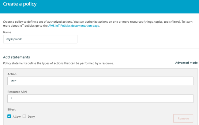  Name your Policy on Amazon AWS IoT