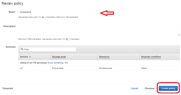 Policy Created on AWS for Connecting AWS IoT with ESP8266