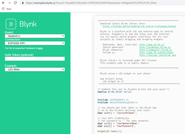 Select Example Code for NodeMCU LED from Blynk Portal