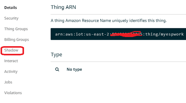 Thing Created for Connecting AWS IoT with ESP8266