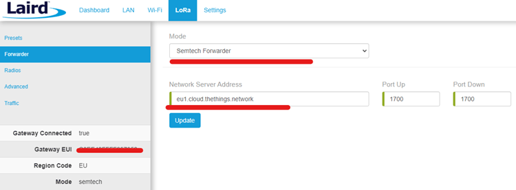 Updating LoRa Network Server Address