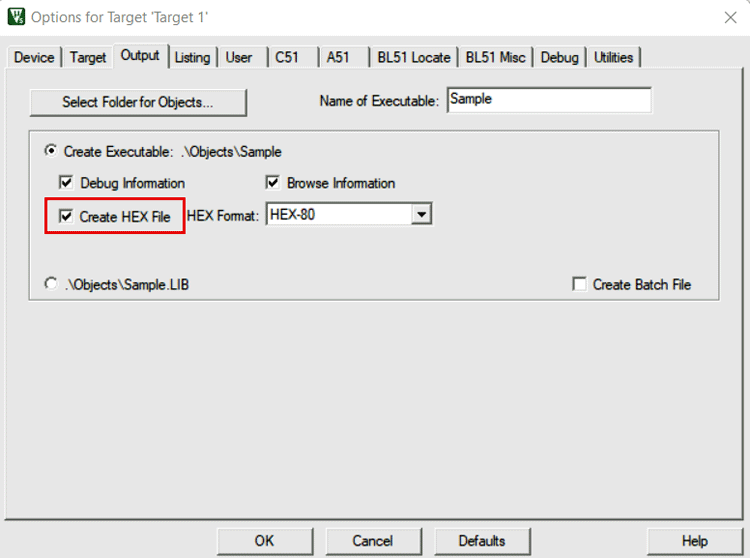 enable Create Hex File option